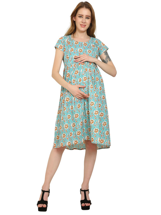 Teal-Floral-Fit-Flare-Cotton-Maternity-Feeding-Dress