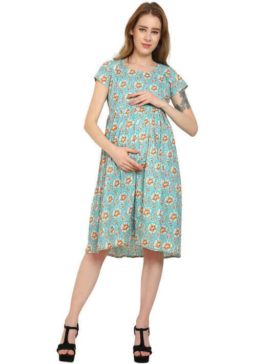 Teal-Floral-Fit-Flare-Cotton-Maternity-Feeding-Dress