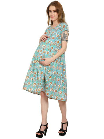 Teal Fit and Flare Cotton Maternity and Feeding Dress - Moms Ever