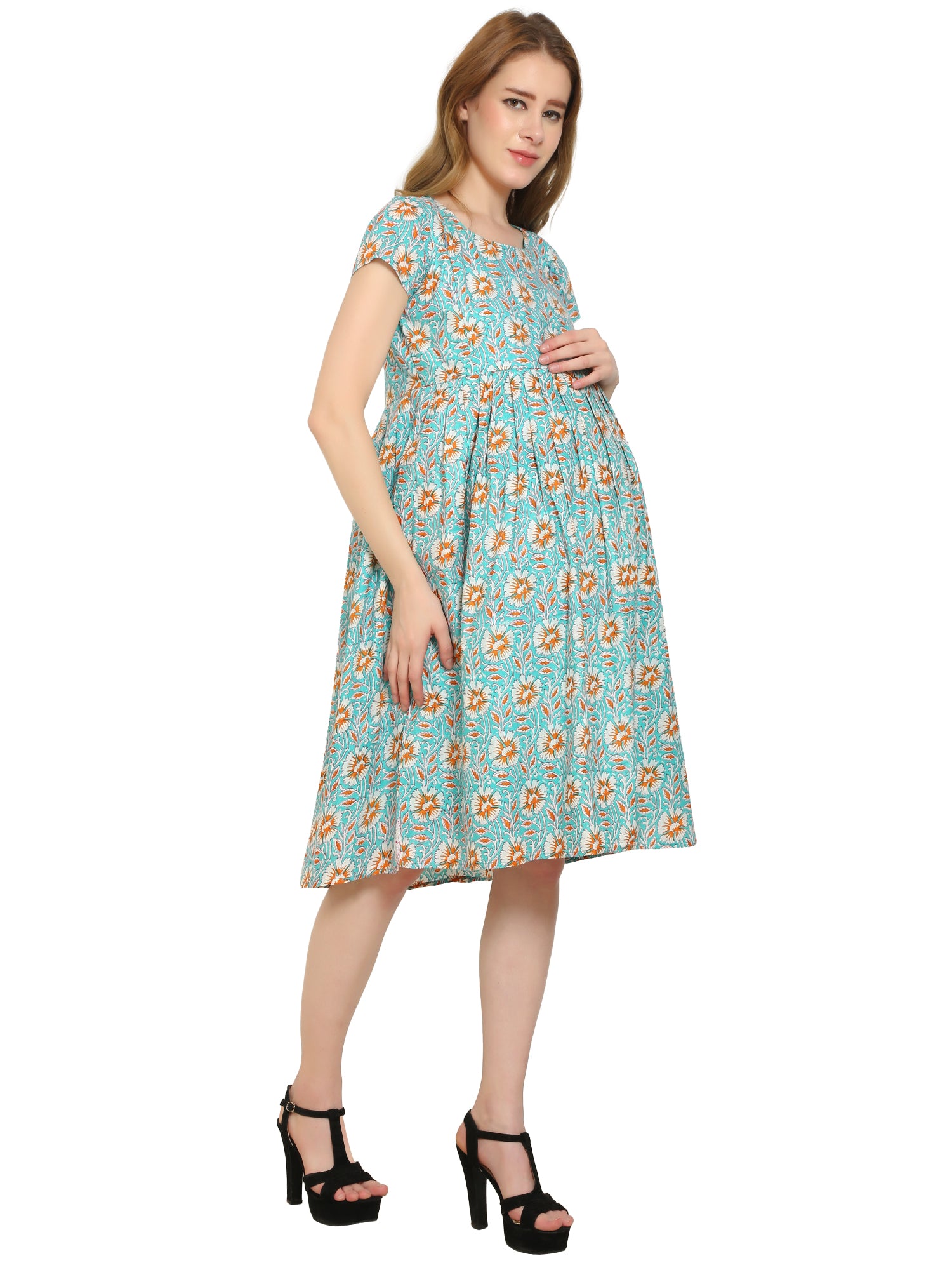 Teal-Floral-Fit-Flare-Cotton-Maternity-Feeding-Dress