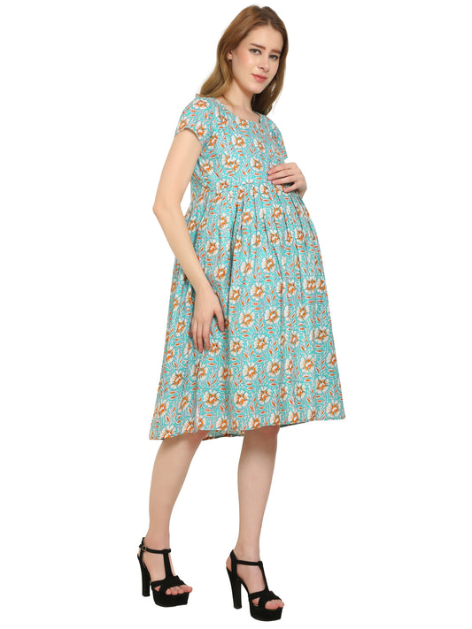 Teal-Floral-Fit-Flare-Cotton-Maternity-Feeding-Dress