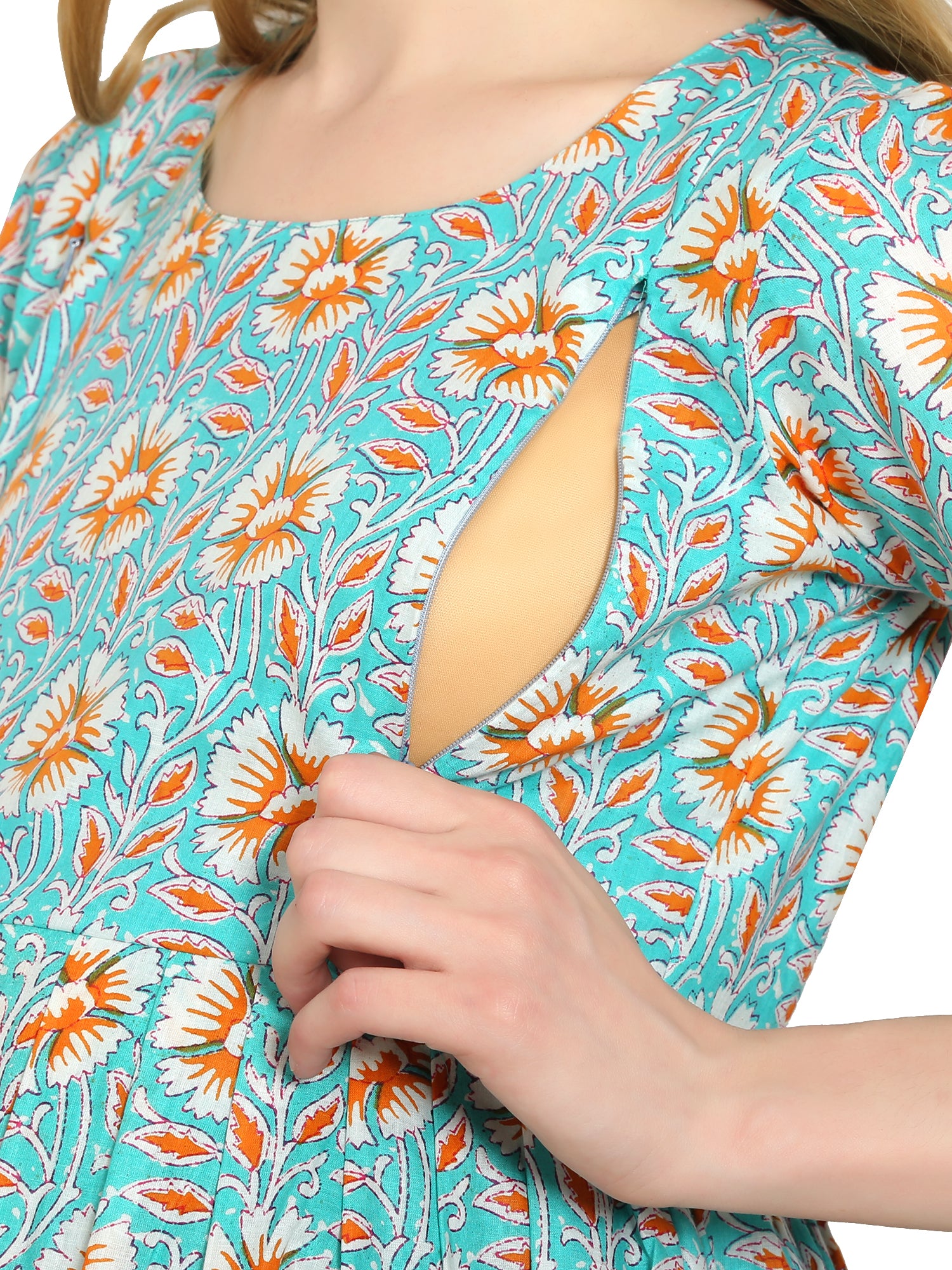 Teal-Floral-Fit-Flare-Cotton-Maternity-Feeding-Dress