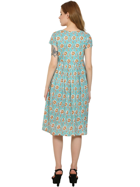 Teal-Floral-Fit-Flare-Cotton-Maternity-Feeding-Dress