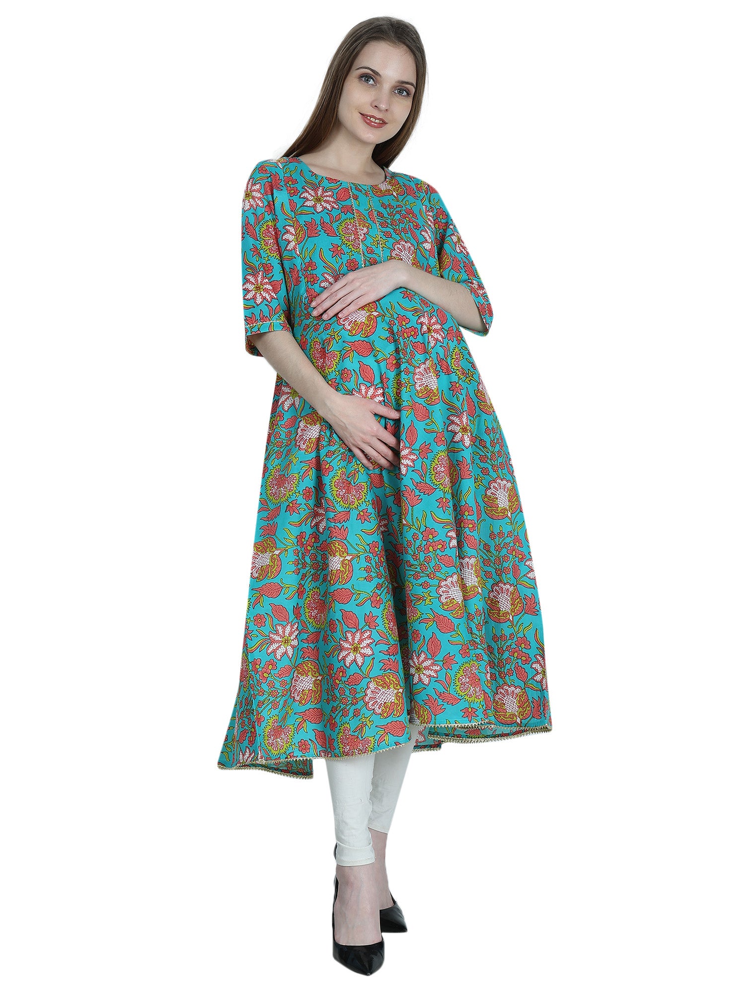 Teal-PureCotton-Maternity-Feeding-Kurti