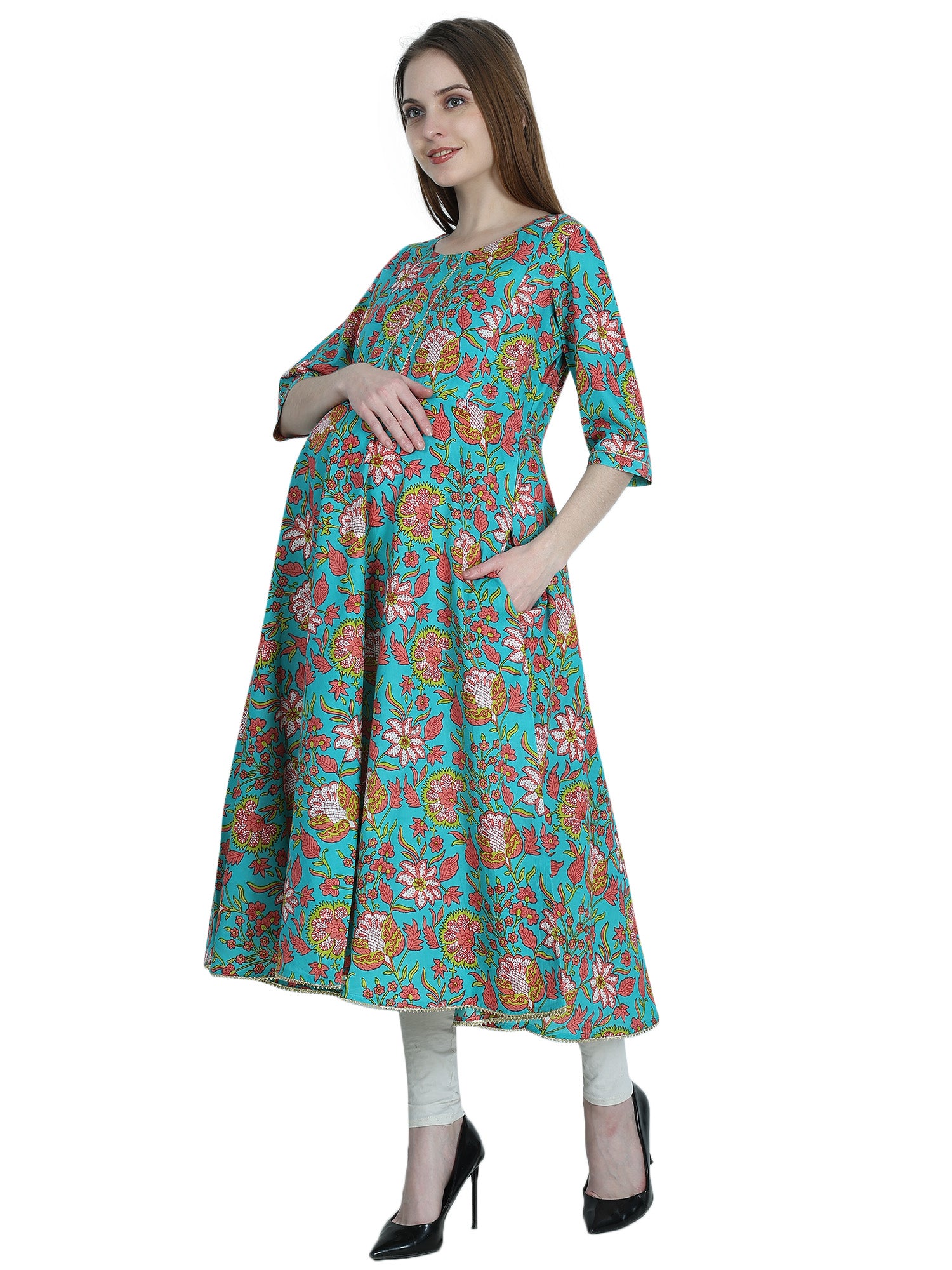 Teal-PureCotton-Maternity-Feeding-Kurti