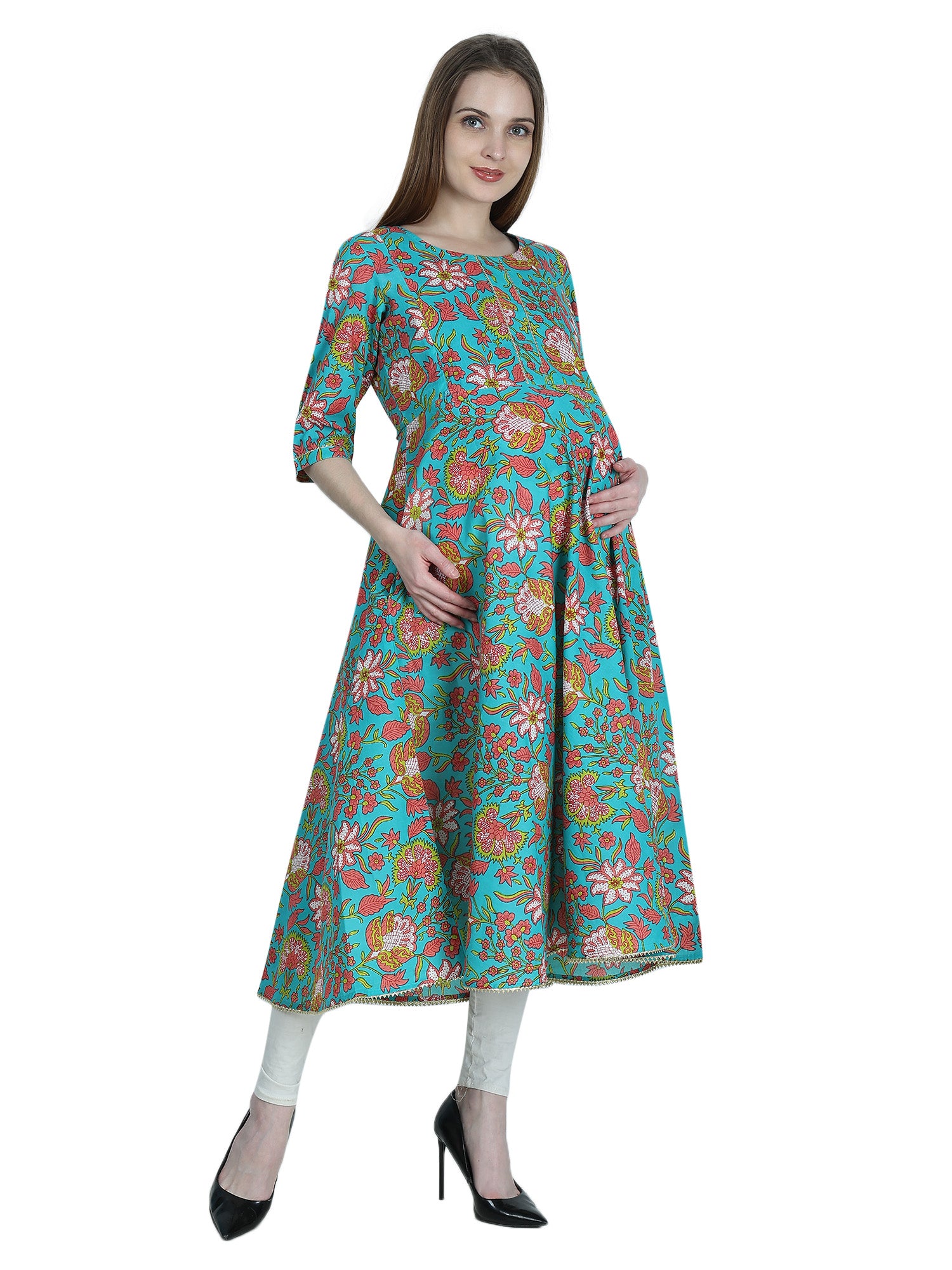 Teal-PureCotton-Maternity-Feeding-Kurti