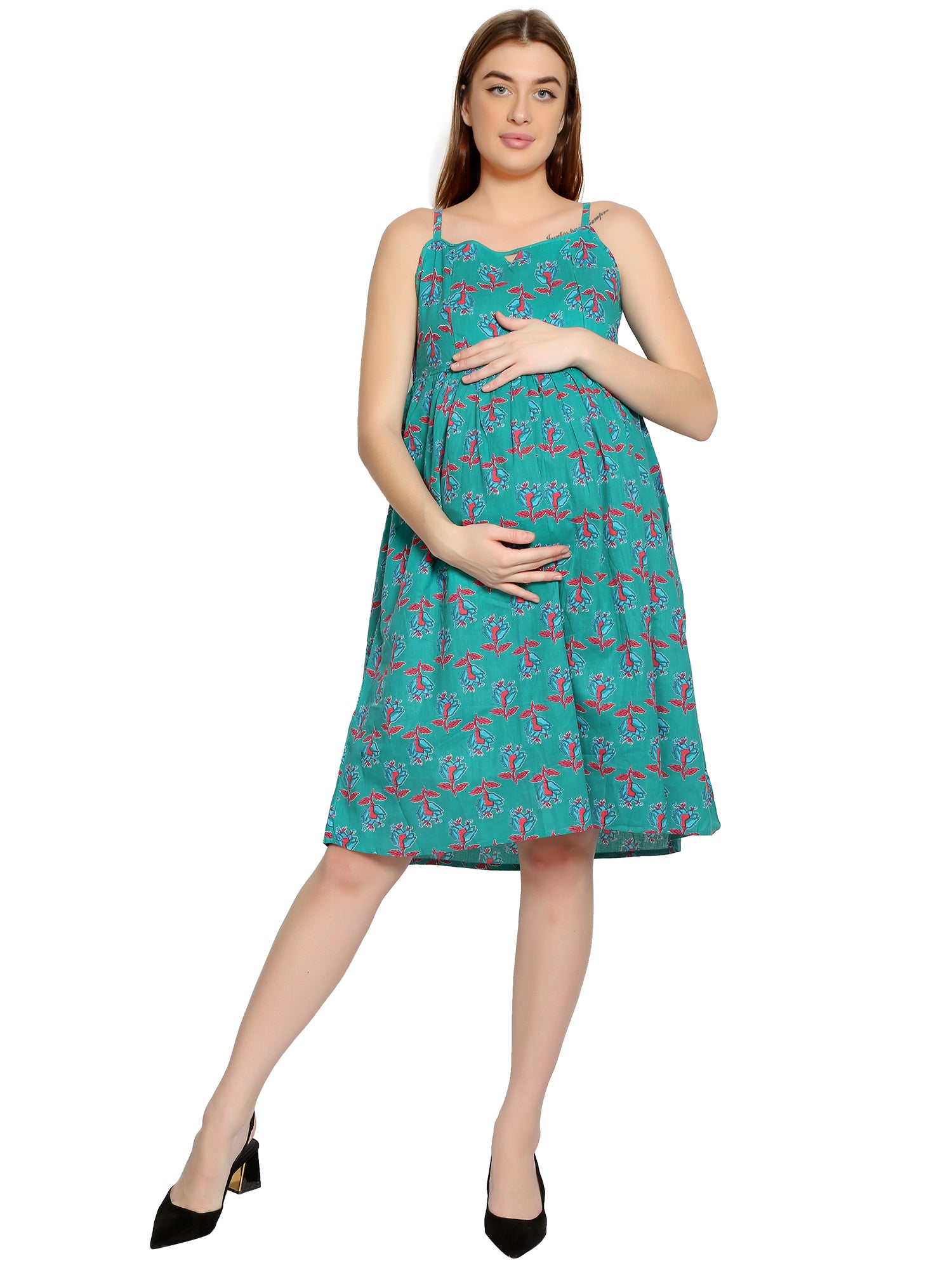 Teal-Summer-Cotton-Maternity-Feeding-Dress