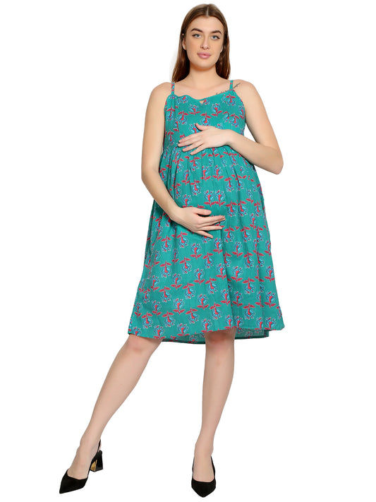 Teal-Summer-Cotton-Maternity-Feeding-Dress