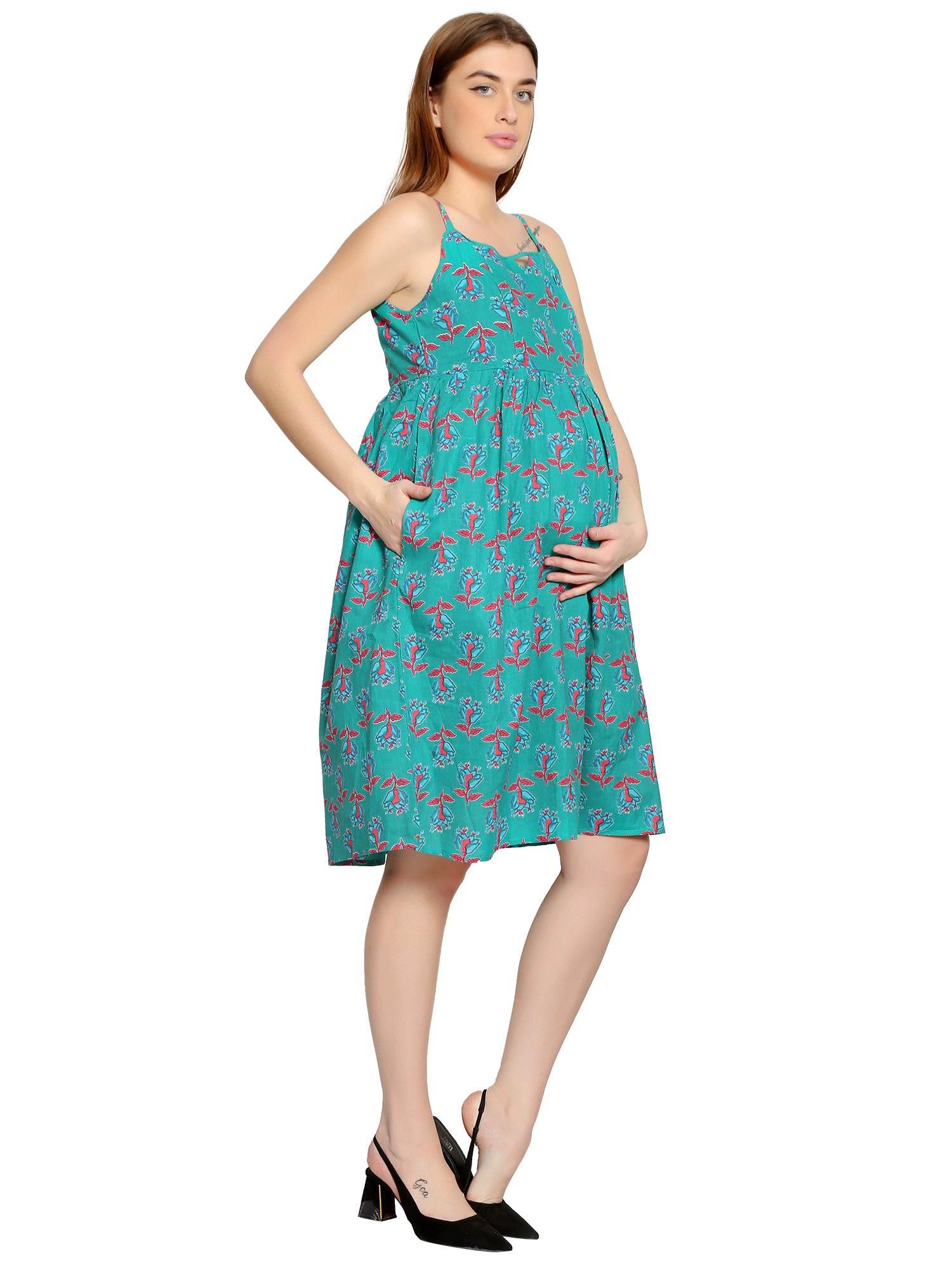 Teal-Summer-Cotton-Maternity-Feeding-Dress