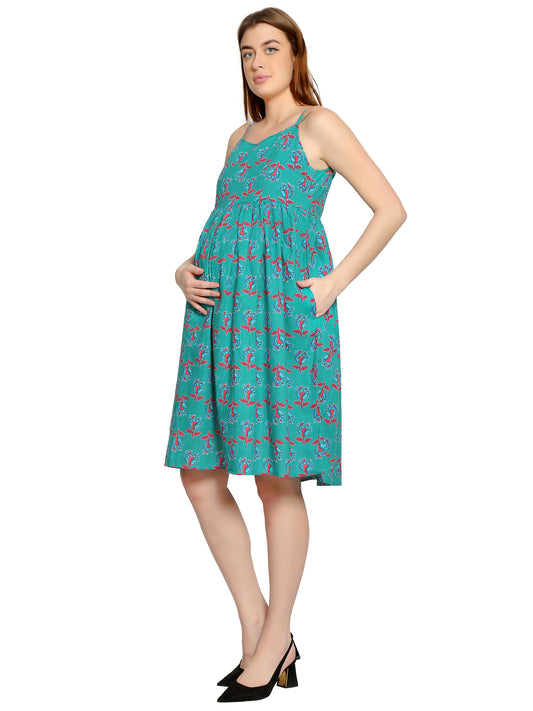 Teal-Summer-Cotton-Maternity-Feeding-Dress
