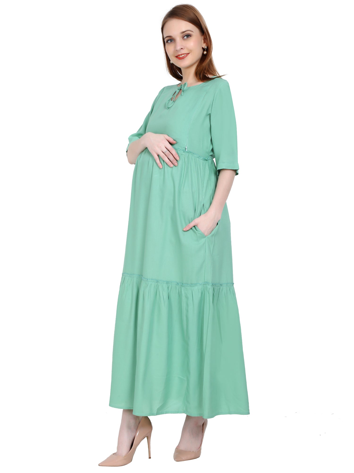 Rayon Pastel Green Maternity and Feeding Dress with Cotton Lining