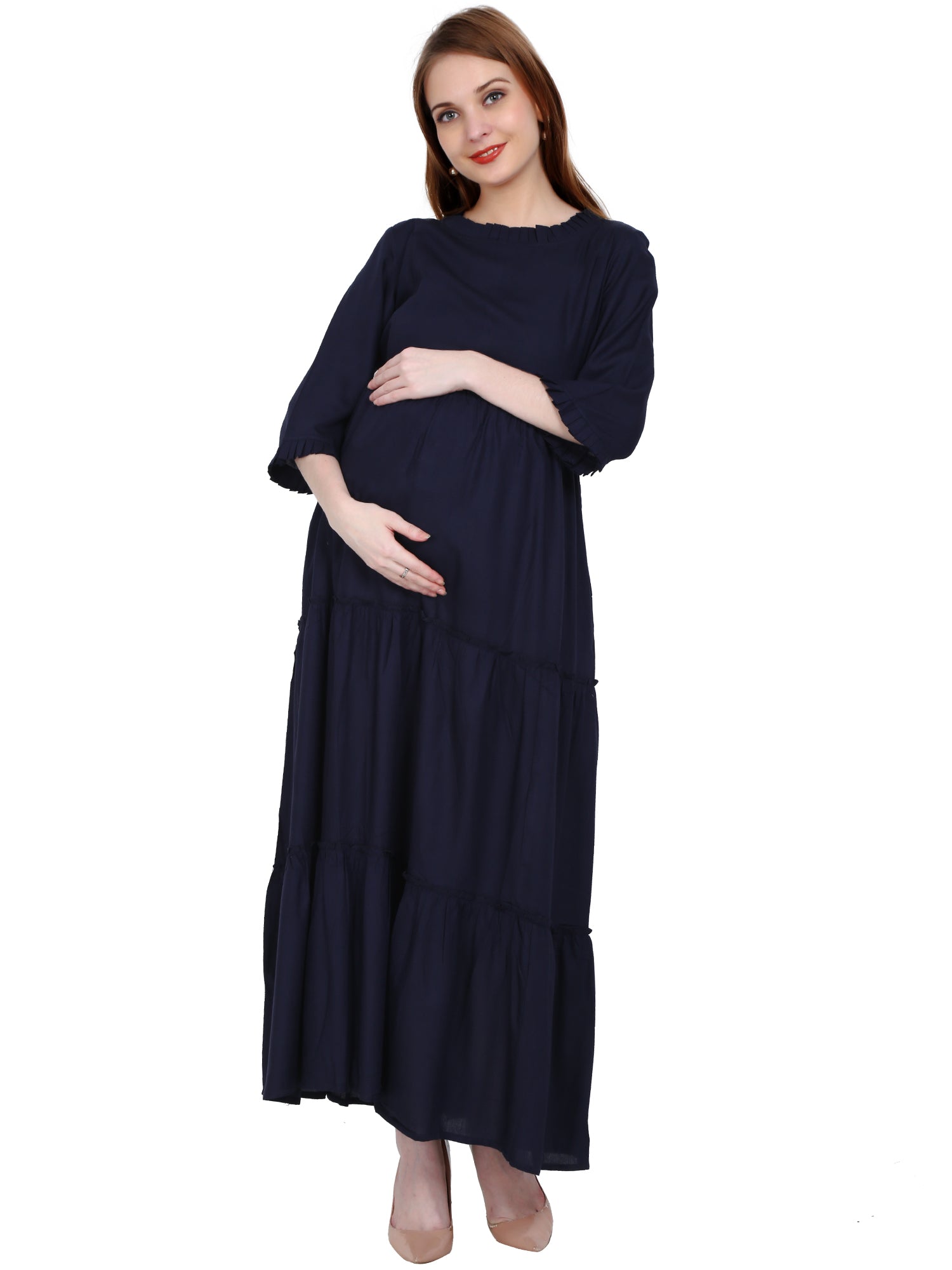 Rayon Navy Blue Maternity and Feeding Dress with Cotton Lining