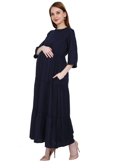 Maternity and Feeding Dress | Rayon Navy Blue Color | With Cotton Lining