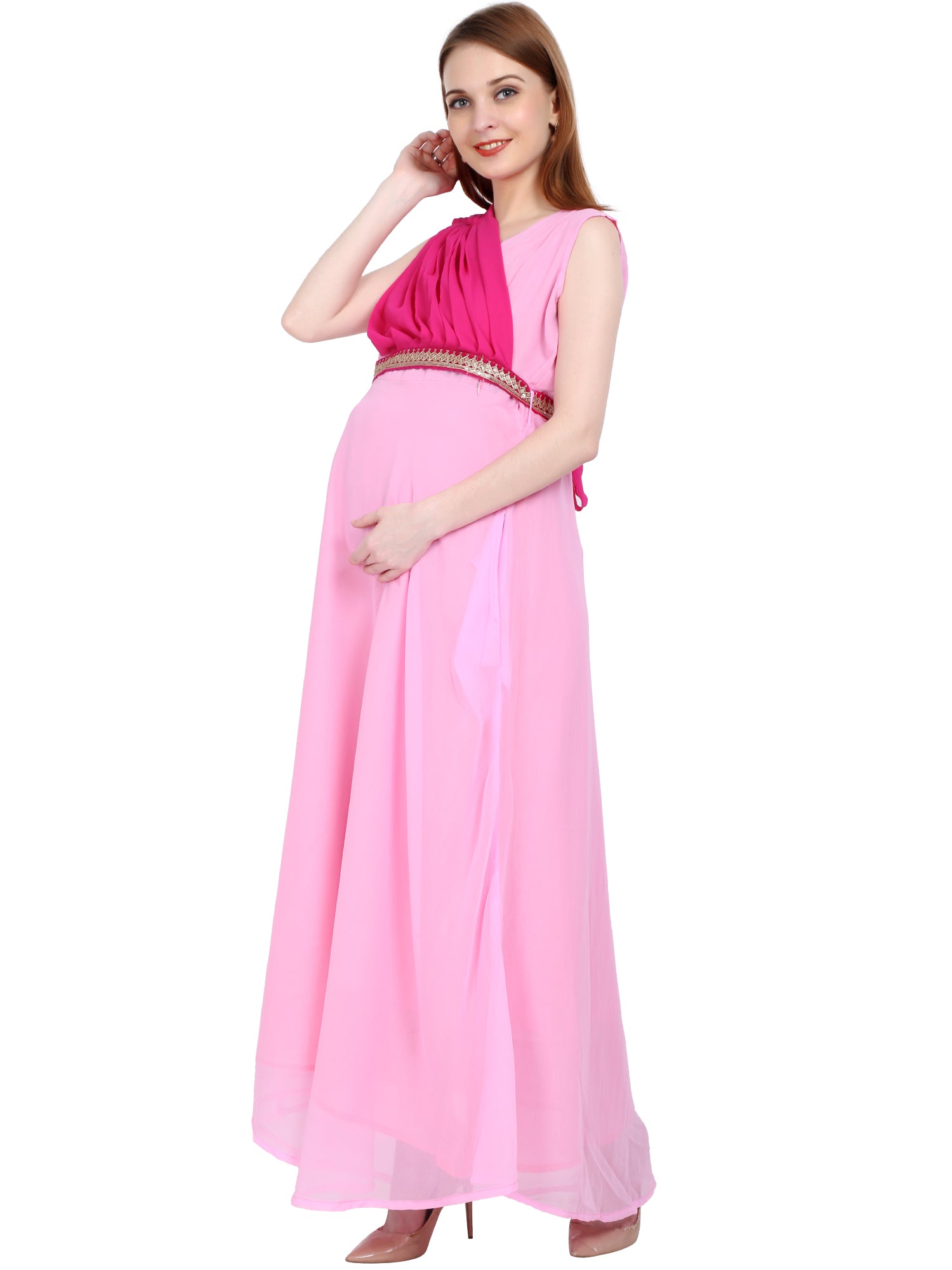 Made to Order Customised Light Pink Maternity and Feeding Gown with detachable belt