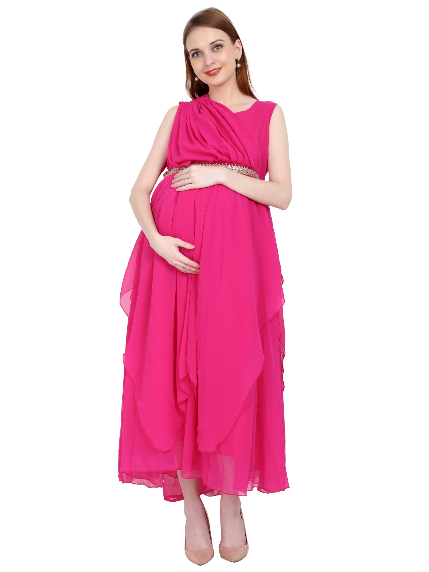 Made to Order Customised Magenta Maternity and Feeding Gown with detachable belt