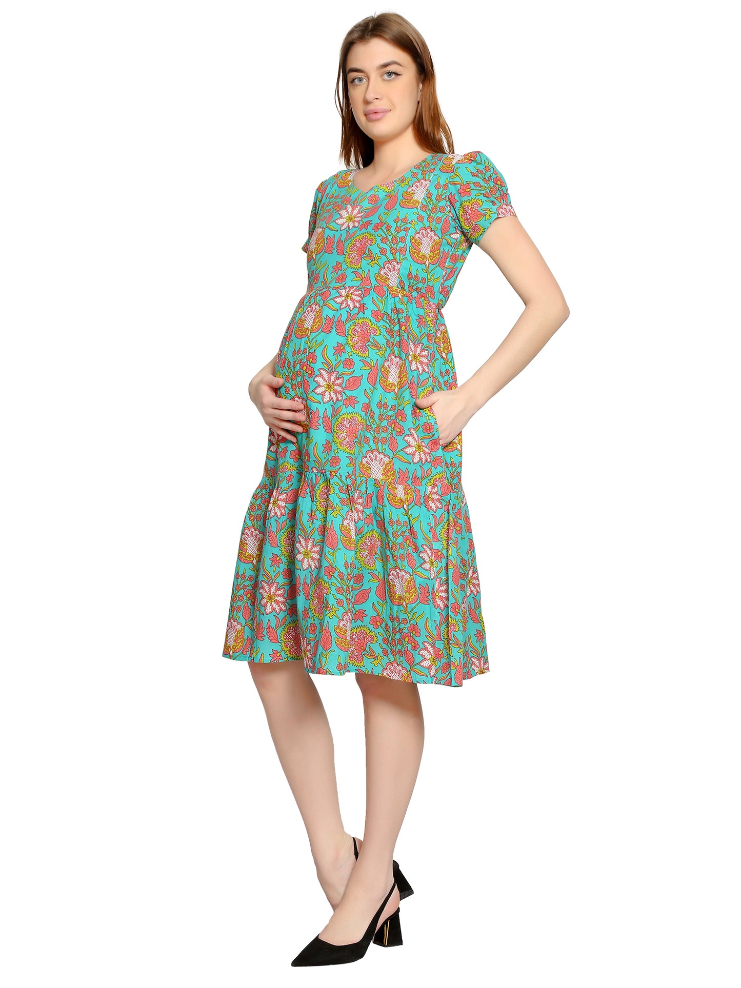 Maternity and Feeding Dress | Pure Cotton | Teal Color Layered Dress