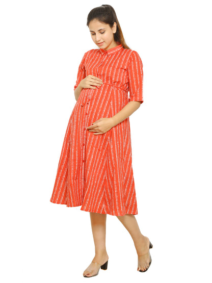 Maternity Dress | Pure Cotton | Red Color Shirt Dress | Feeding Dress | Pre and Post Pregnancy