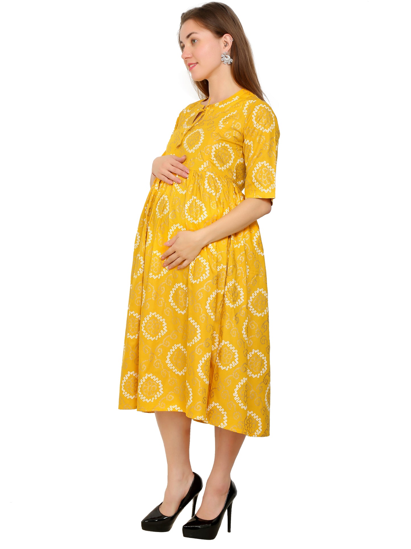 Maternity Kurti | Rayon Yellow Bandhej | Feeding Kurti | Pre and Post Pregnancy