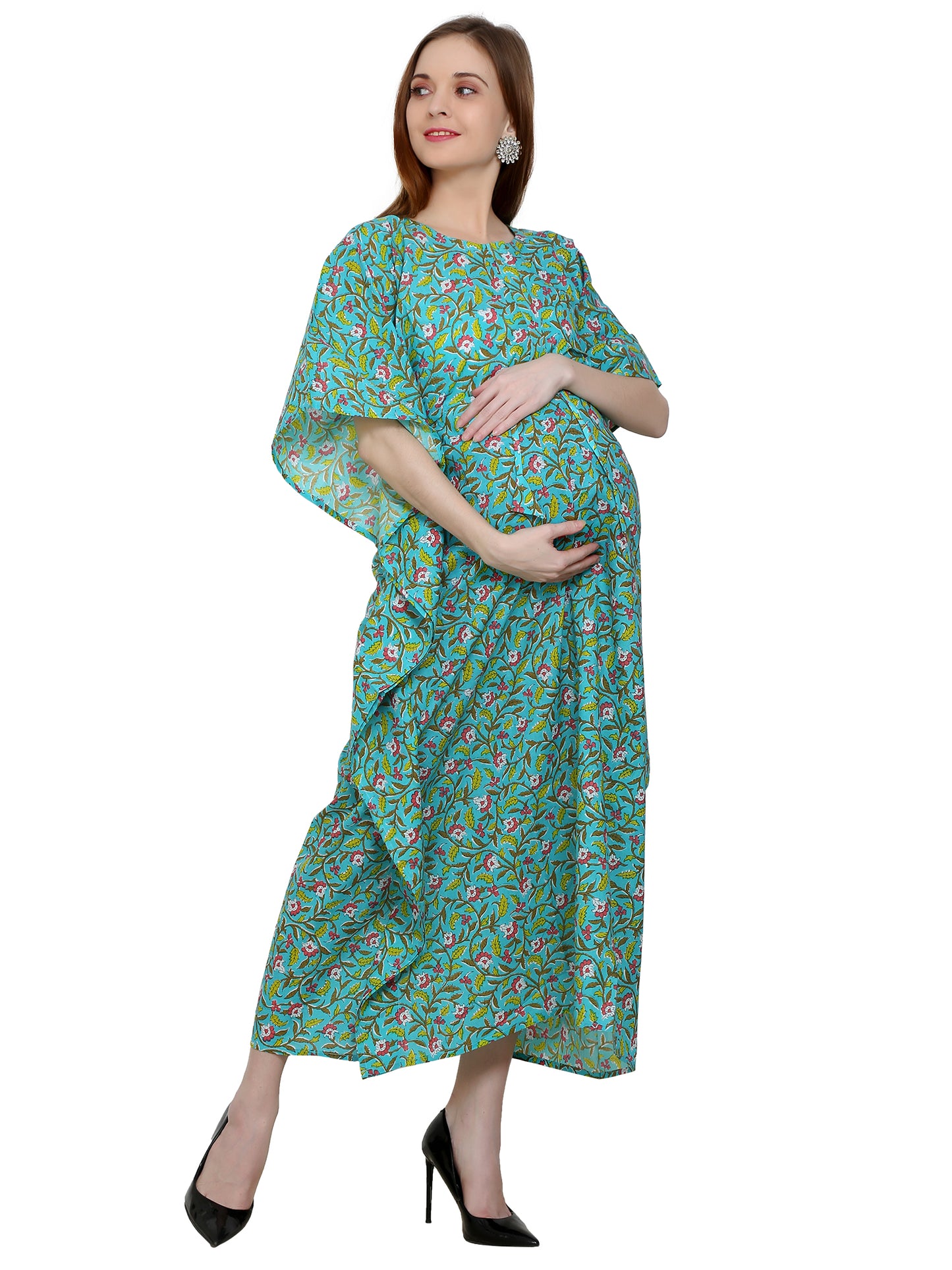 Maternity and Feeding Kaftan Full Length | Pure Cotton | Teal Color