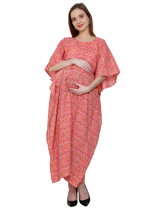 Maternity and Feeding Kaftan Full Length | Pure Cotton | Pink Color