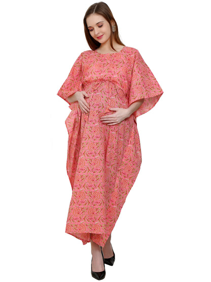 Maternity and Feeding Kaftan Full Length | Pure Cotton | Pink Color