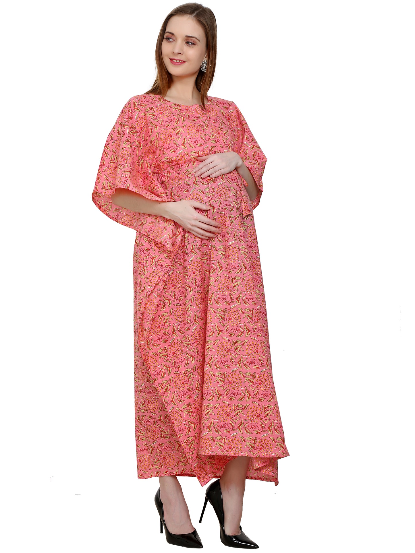 Maternity and Feeding Kaftan Full Length | Pure Cotton | Pink Color