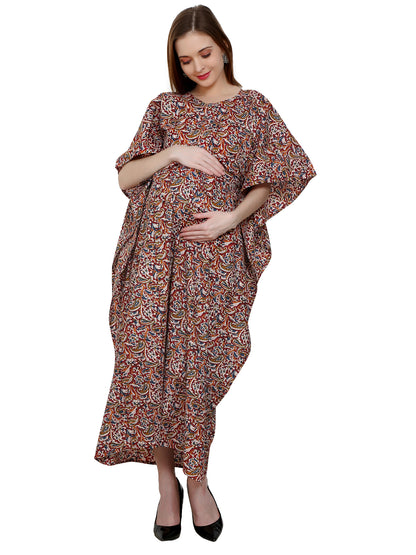Maternity and Feeding Kaftan Full Length | Pure Cotton |  Brown Kalamkari Print
