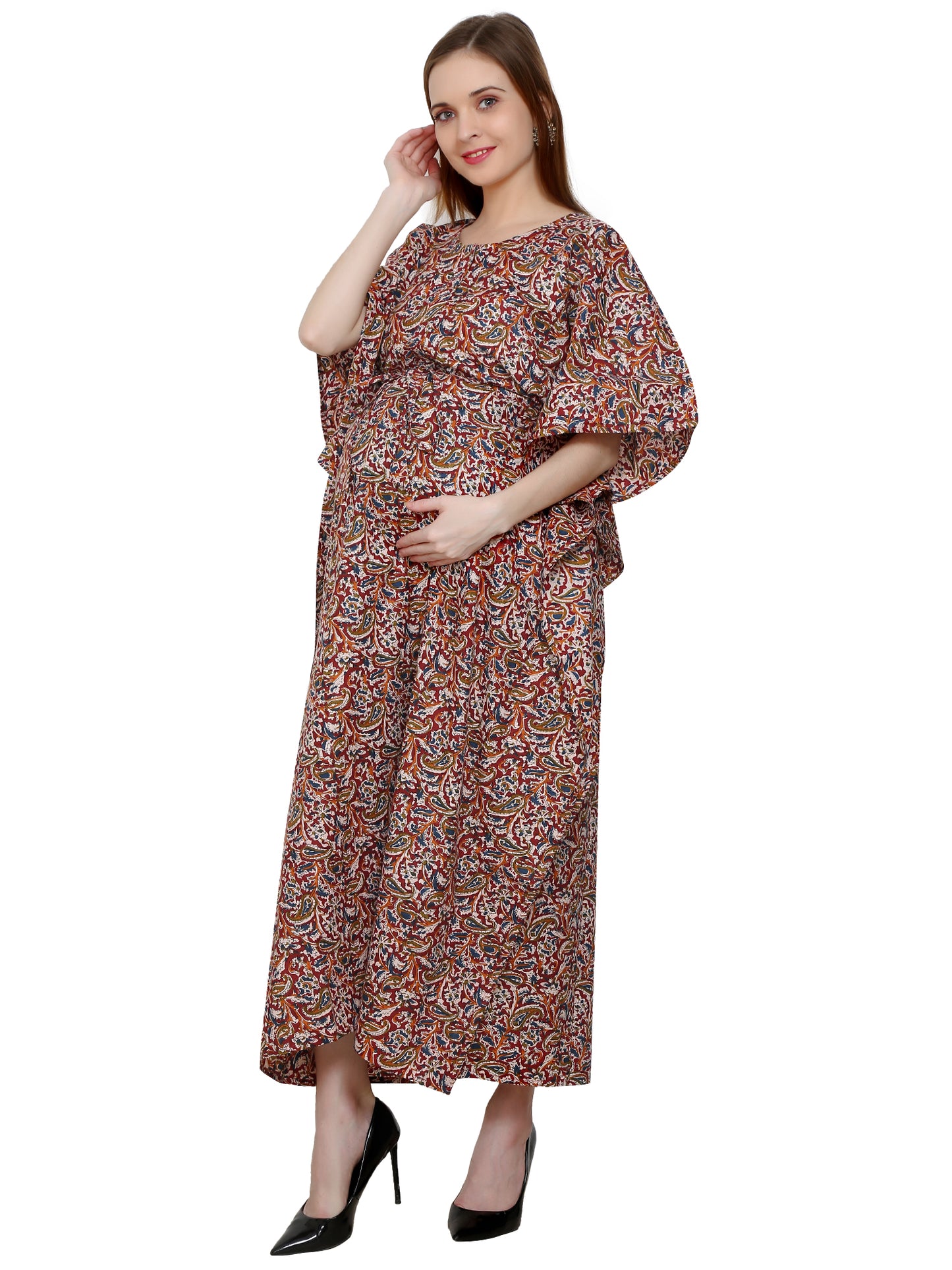 Maternity and Feeding Kaftan Full Length | Pure Cotton |  Brown Kalamkari Print