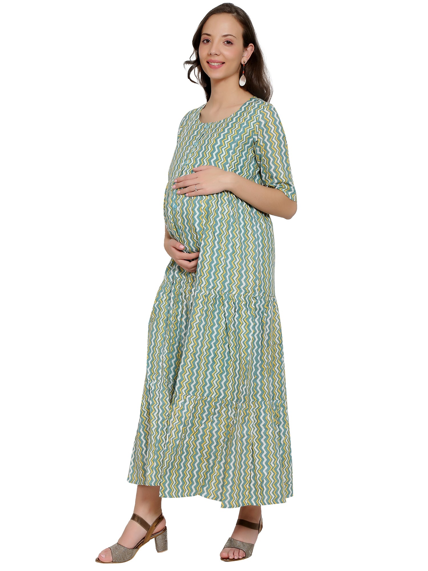 Multicolor Layered Cotton Maternity and Feeding Full Length Dress