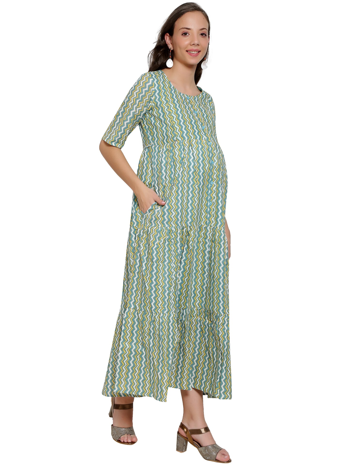 Maternity and Feeding Dress | Pure Cotton | Full Length Layered Dress