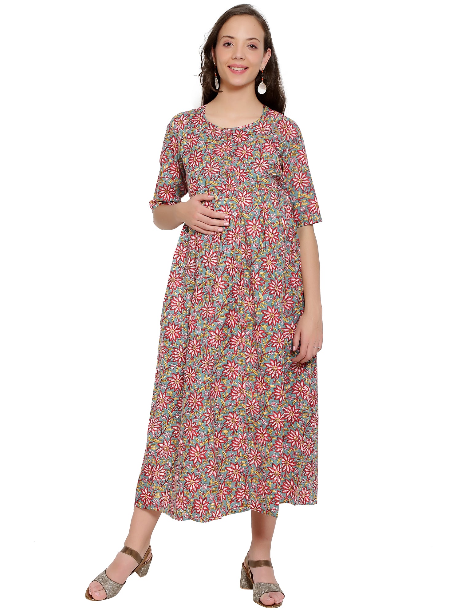 Brown Cotton Maternity and Feeding Full Length Dress