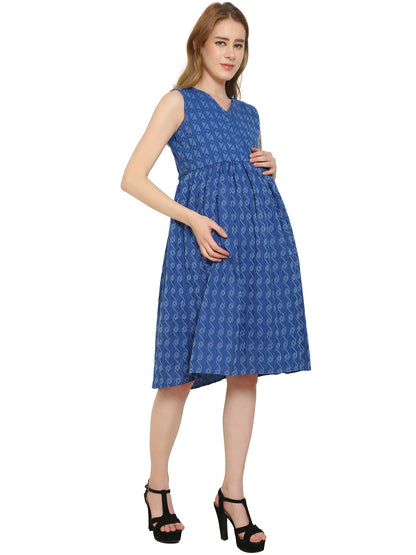Maternity Dress | Pure Cotton | Katha Print Blue Color Dress | Feeding Dress | Pre and Post Pregnancy
