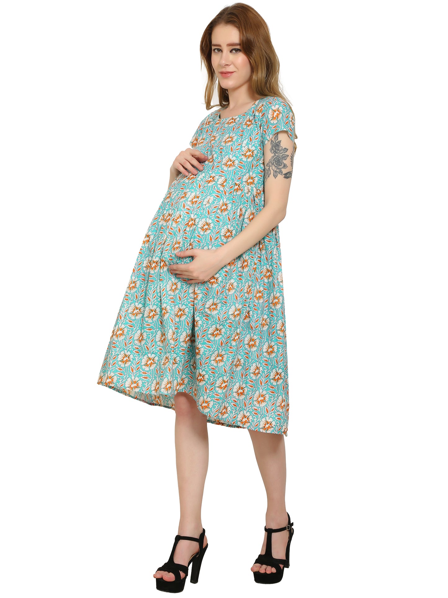 Maternity Dress | Pure Cotton | Teal Color Fit and Flare Dress | Feeding Dress | Pre and Post Pregnancy