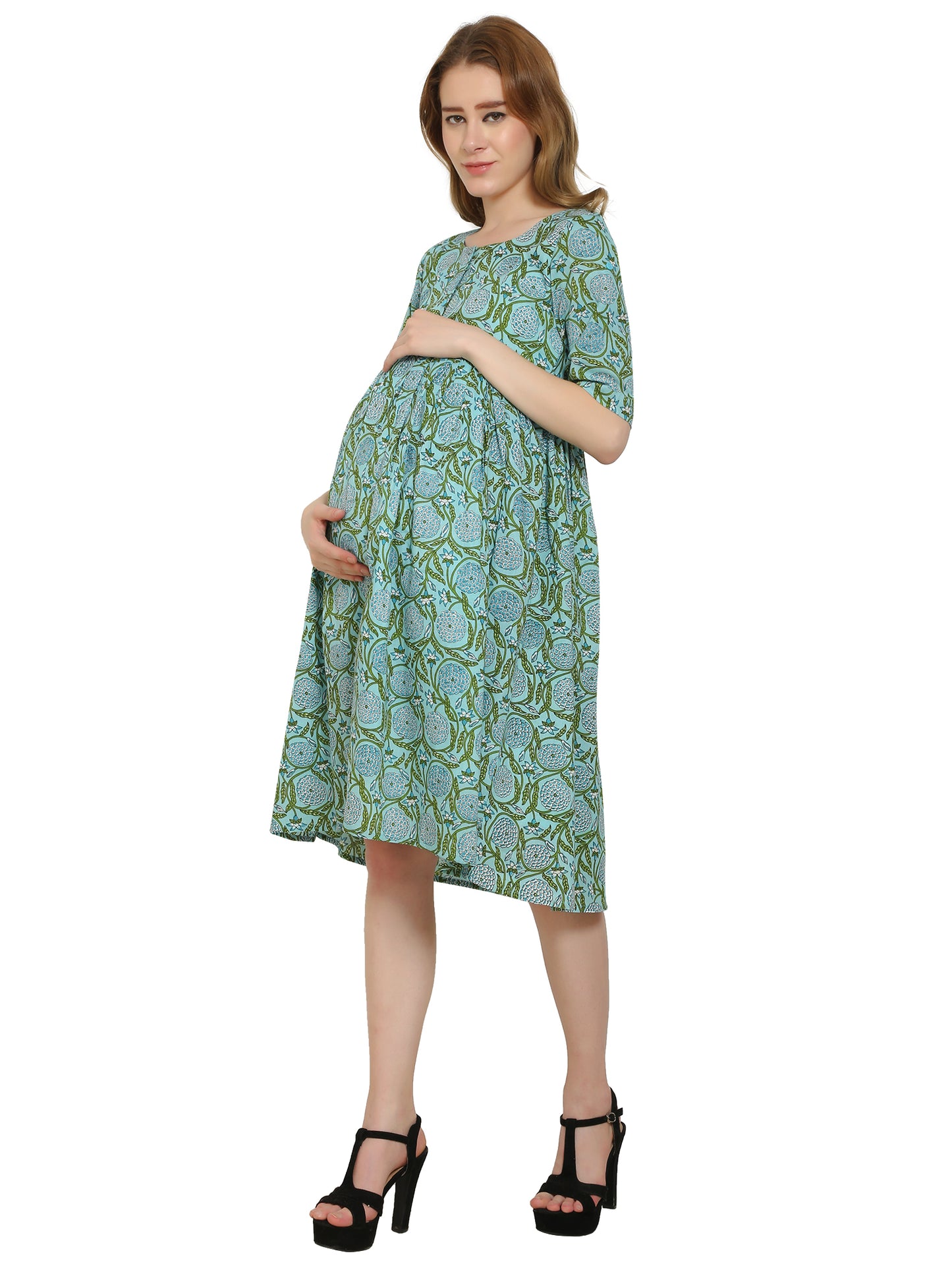 Maternity Dress | Pure Cotton | Teal Color Printed Dress | Feeding Dress | Pre and Post Pregnancy