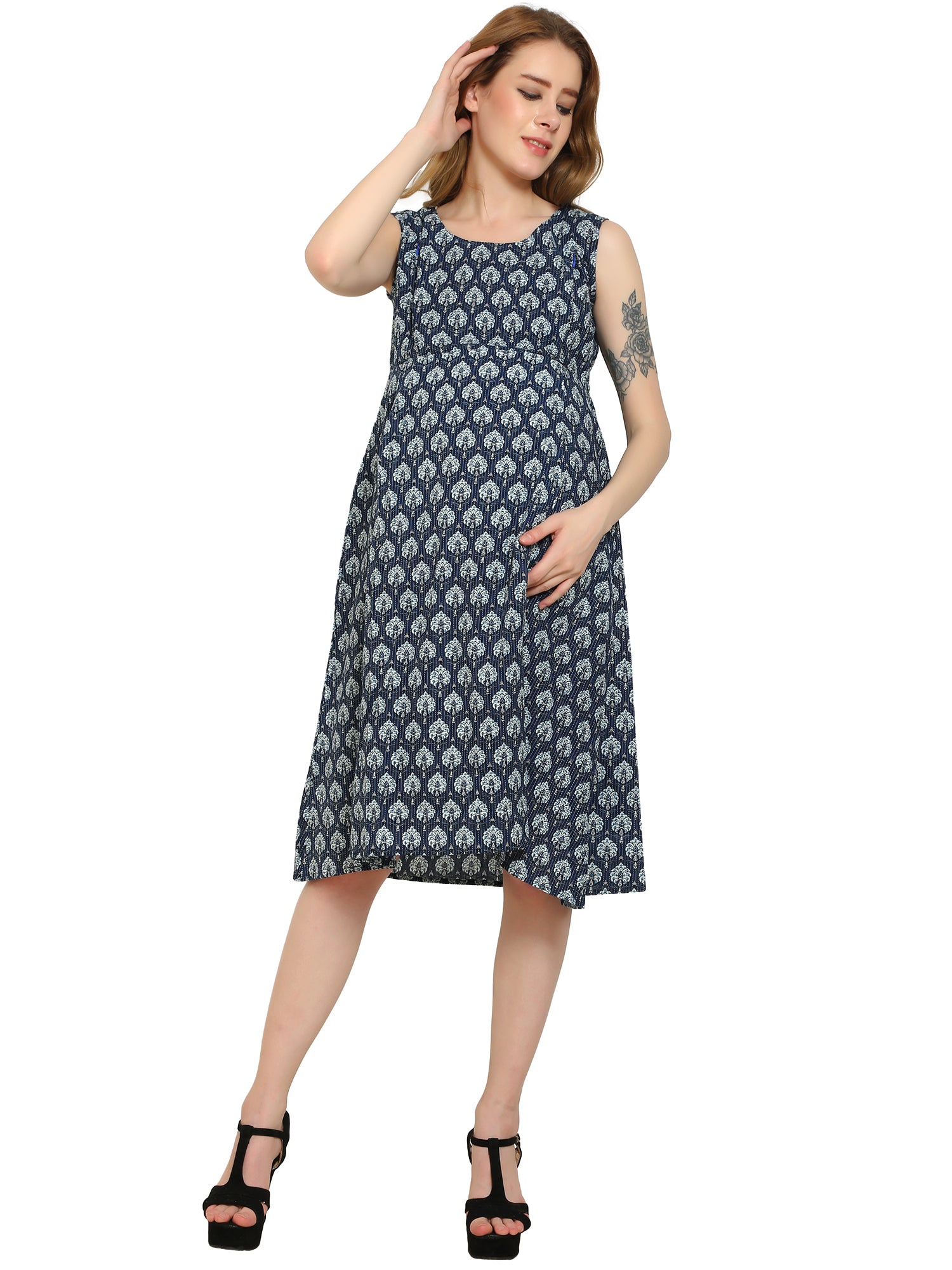 Indigo Fit and Flare Cotton Maternity and Feeding Dress