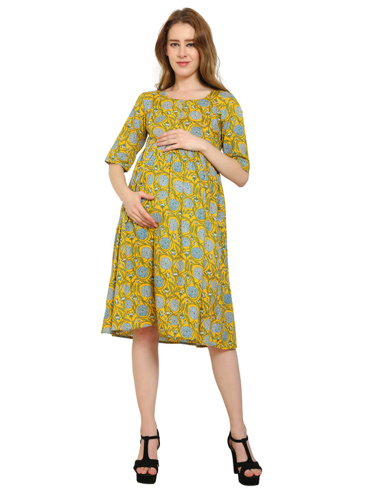 Maternity Dress | Pure Cotton | Yellow Color Printed Dress | Feeding Dress | Pre and Post Pregnancy