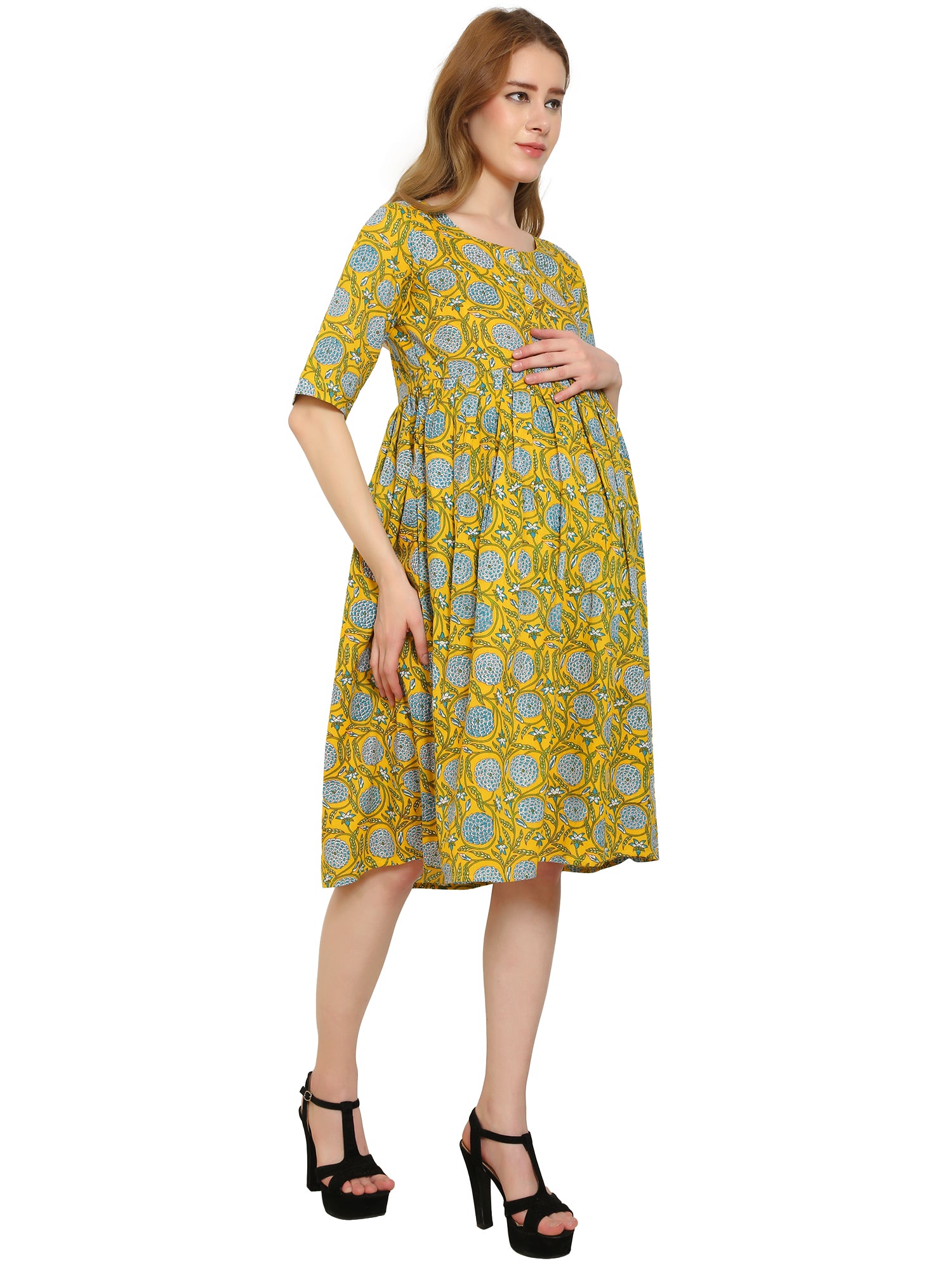 Yellow Fit and Flare Cotton Maternity and Feeding Dress