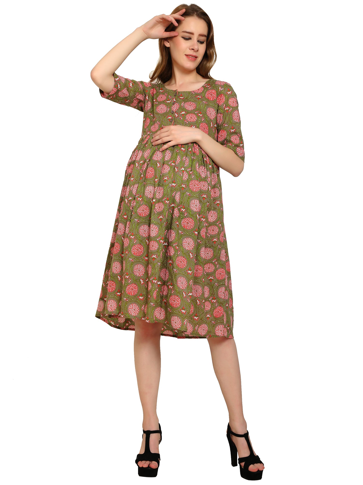 Brown Fit and Flare Cotton Maternity and Feeding Dress