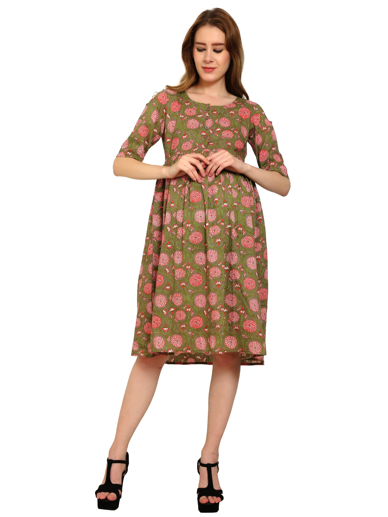 Brown Fit and Flare Cotton Maternity and Feeding Dress