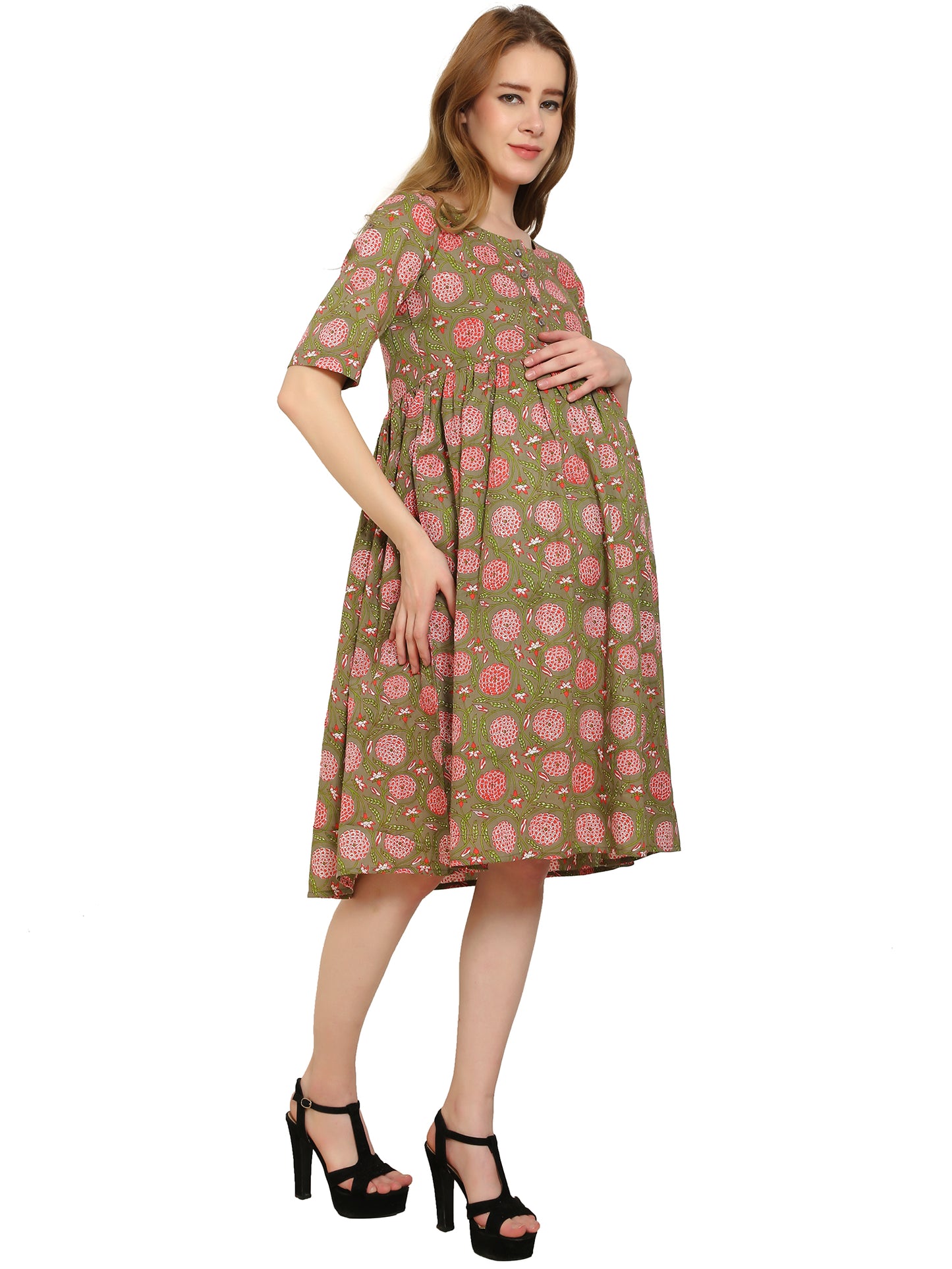 Maternity Dress | Pure Cotton | Brown Color Printed Dress | Feeding Dress | Pre and Post Pregnancy