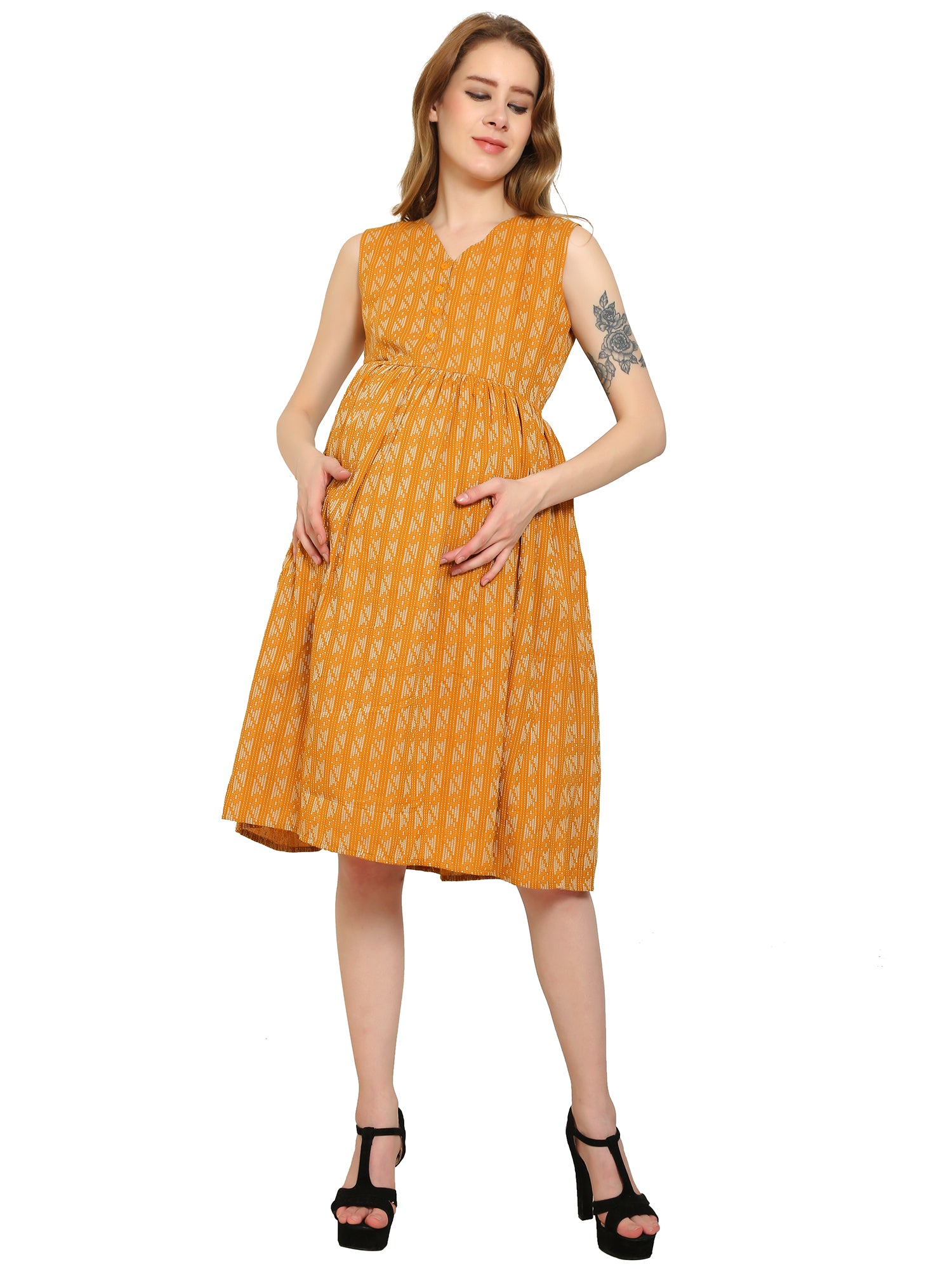 Mustard Fit and Flare Cotton Maternity and Feeding Dress