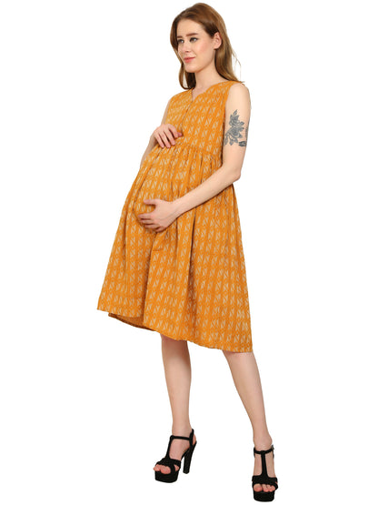 Maternity Dress | Pure Cotton | Katha Print Mustard Color Dress | Feeding Dress | Pre and Post Pregnancy