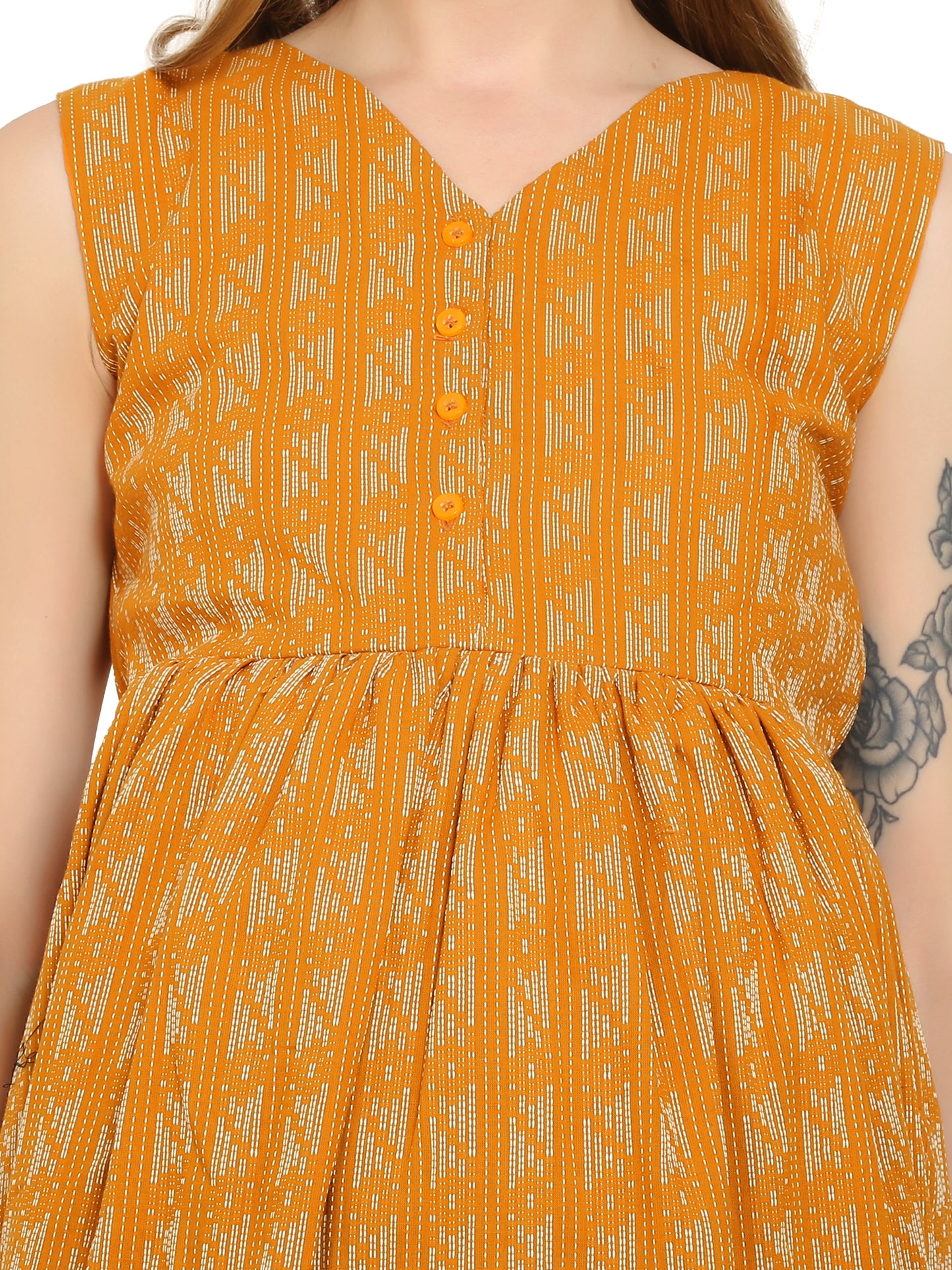 Maternity Dress | Pure Cotton | Katha Print Mustard Color Dress | Feeding Dress | Pre and Post Pregnancy