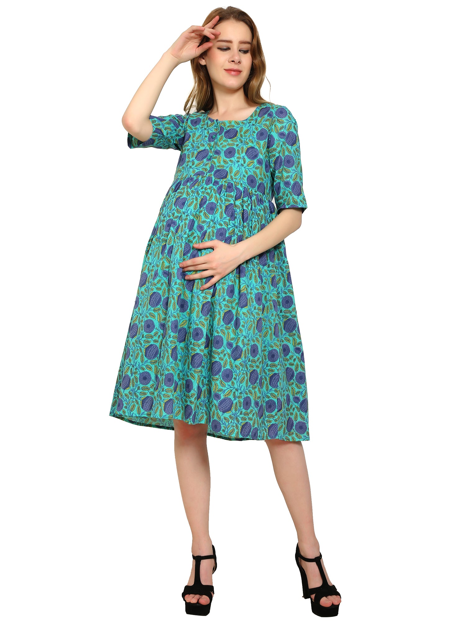 Blue Fit and Flare Cotton Maternity and Feeding Dress