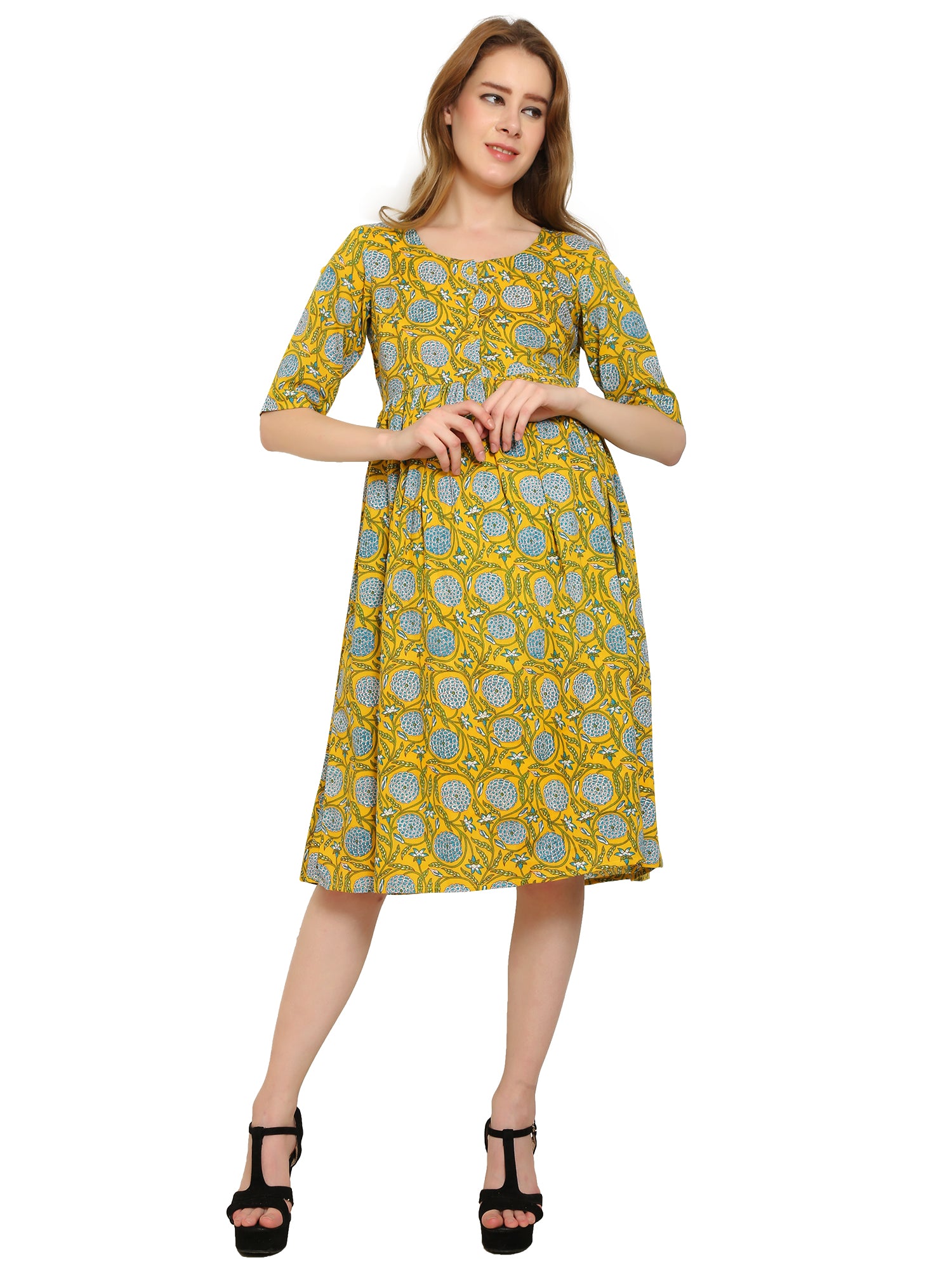 Yellow-Fit-Flare-Cotton-Maternity-Feeding-Dress