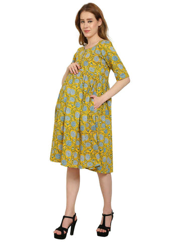 Yellow Fit and Flare Cotton Maternity and Feeding Dress