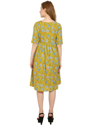 Yellow Fit and Flare Cotton Maternity and Feeding Dress