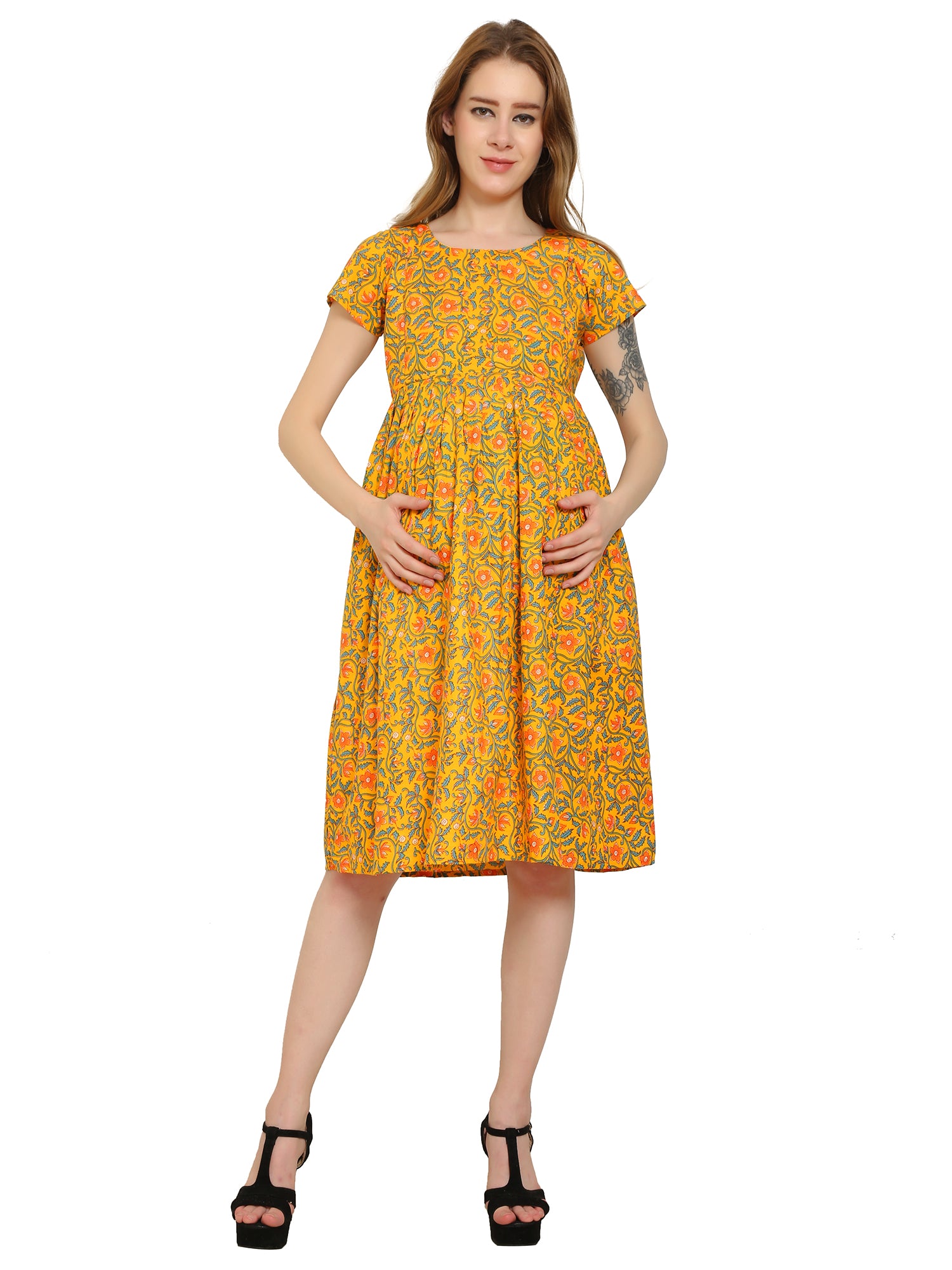 Yellow-Floral-Fit-Flare-Cotton-Maternity-Feeding-Dress