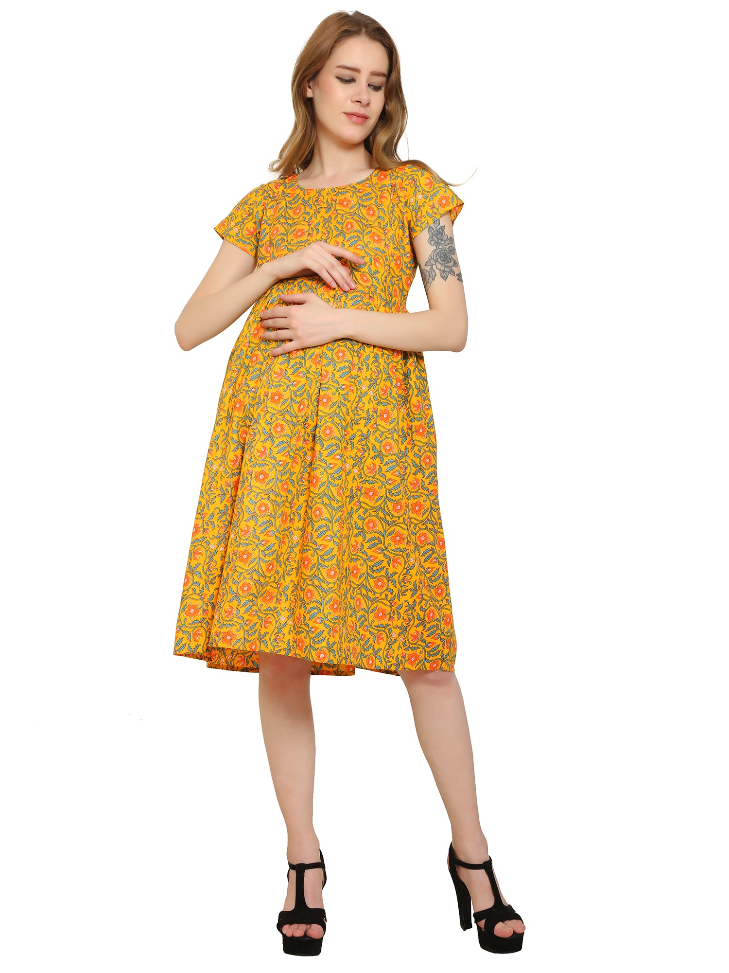 Yellow-Floral-Fit-Flare-Cotton-Maternity-Feeding-Dress