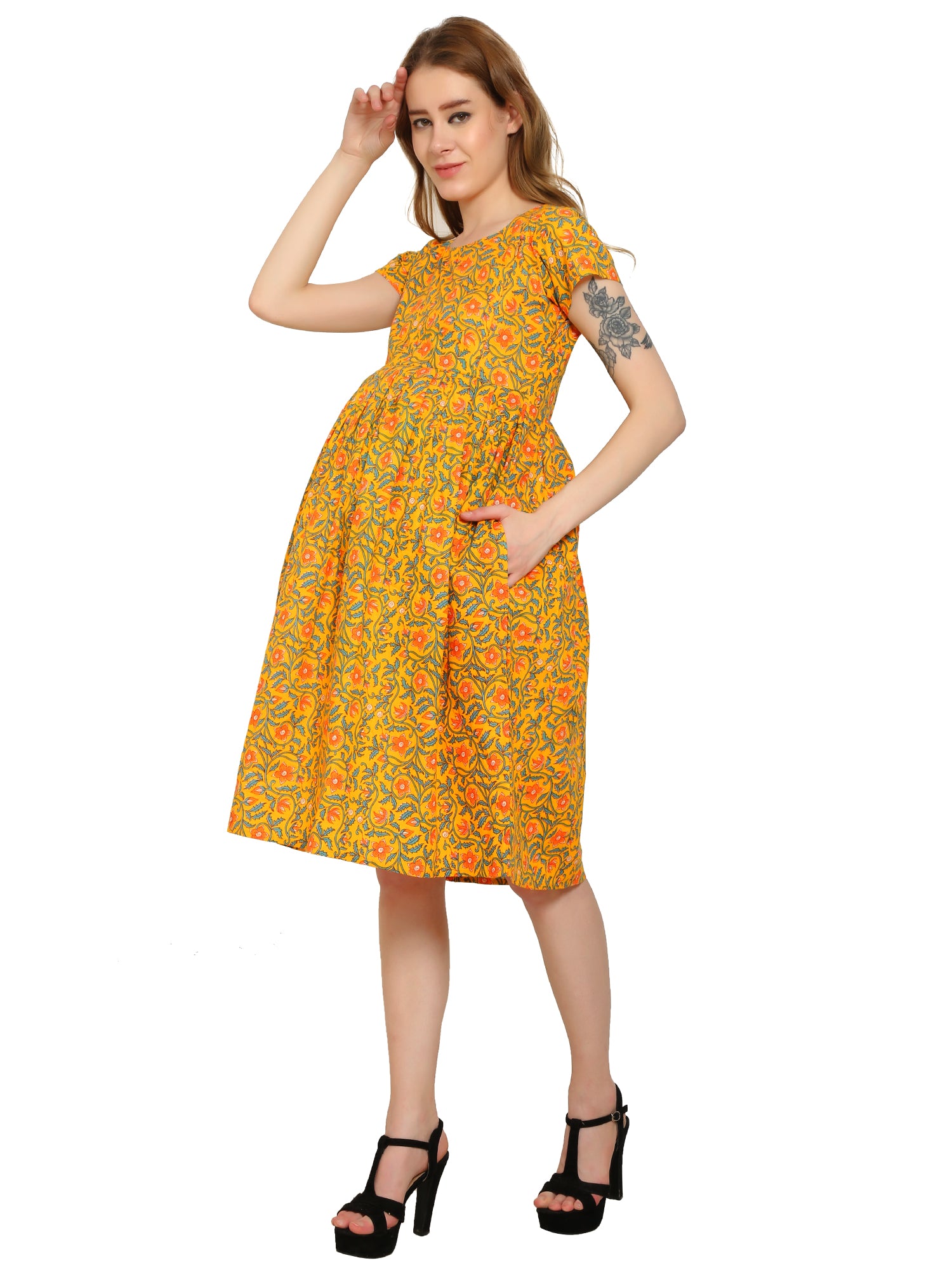 Yellow-Floral-Fit-Flare-Cotton-Maternity-Feeding-Dress